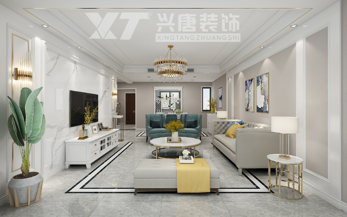 中海悦墅美式轻奢风格客厅装修效果图